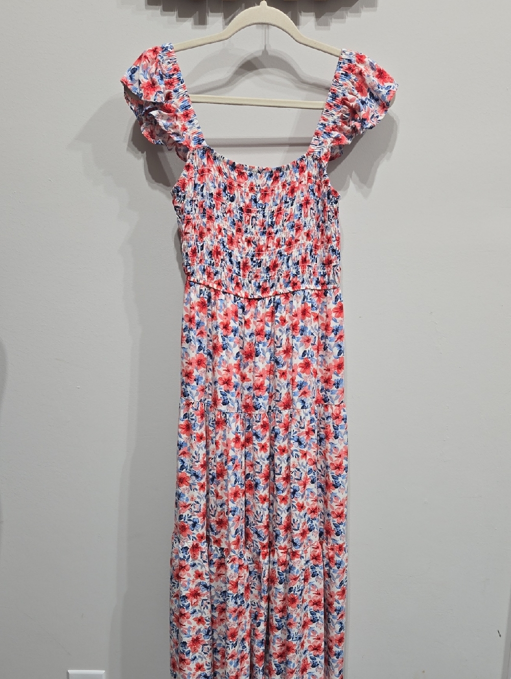 Oak And Trellis Smocked Floral Cottagecore Maxi Dress in Coral & Blue